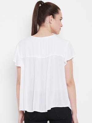 Women White Color Embroidered Rayon Tie up neck Top 5