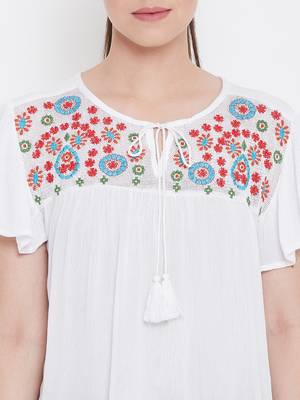 Women White Color Embroidered Rayon Tie up neck Top 7