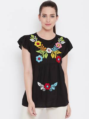Womwn Black Color Floral Embroidered Rayon Top 1