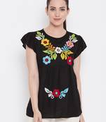 Womwn Black Color Floral Embroidered Rayon Top