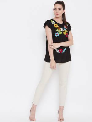 Womwn Black Color Floral Embroidered Rayon Top 2