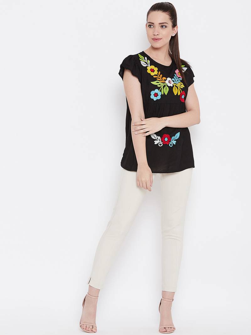 Womwn Black Color Floral Embroidered Rayon Top