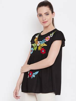 Womwn Black Color Floral Embroidered Rayon Top 3