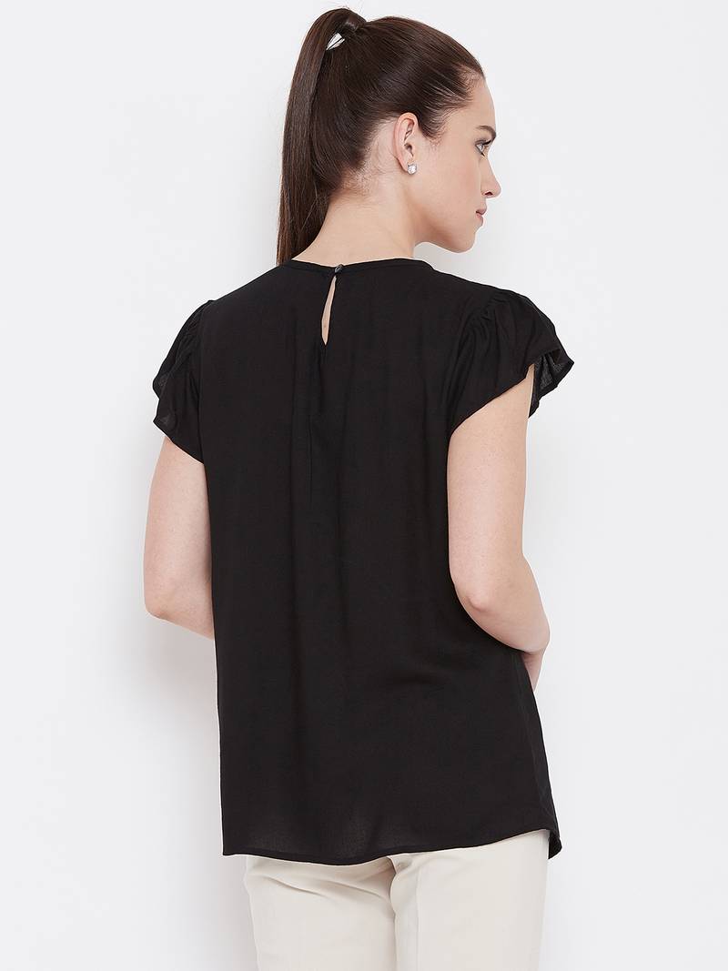 Womwn Black Color Floral Embroidered Rayon Top