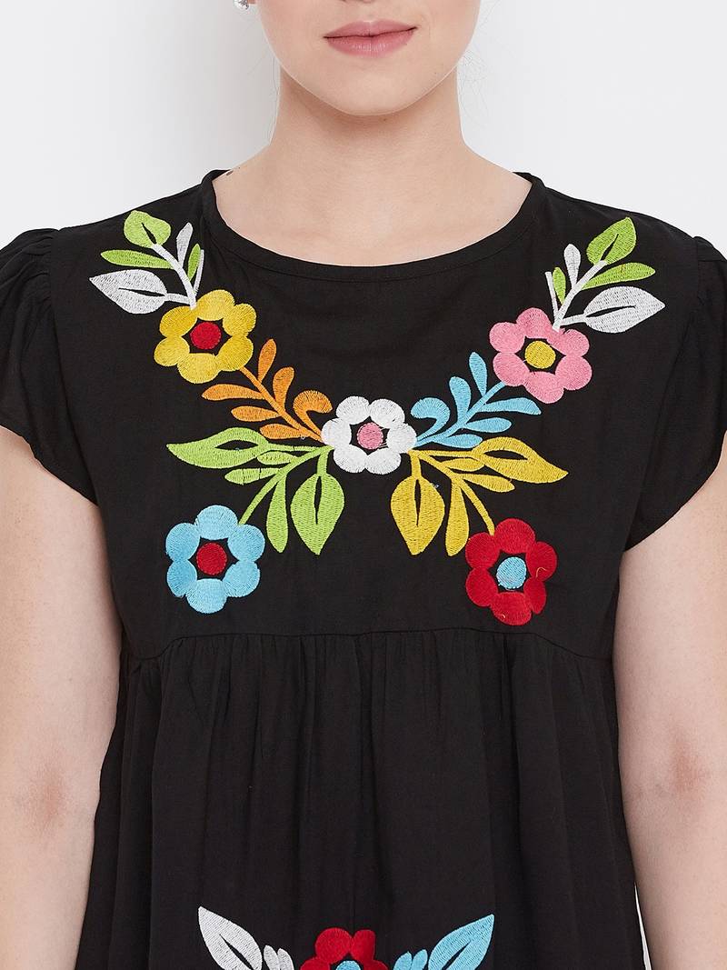 Womwn Black Color Floral Embroidered Rayon Top