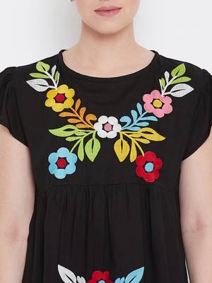 Womwn Black Color Floral Embroidered Rayon Top 7