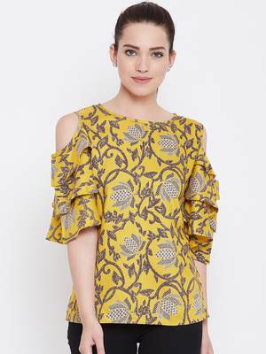 Women Mustard Color Floral Printed Cold Shoulder Sleeve Rayon Top 1