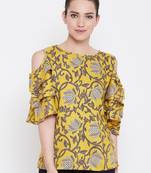 Women Mustard Color Floral Printed Cold Shoulder Sleeve Rayon Top
