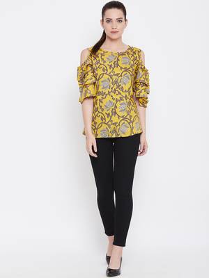 Women Mustard Color Floral Printed Cold Shoulder Sleeve Rayon Top 2