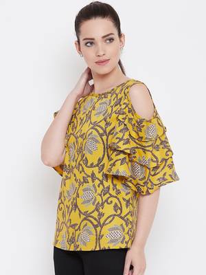 Women Mustard Color Floral Printed Cold Shoulder Sleeve Rayon Top 3