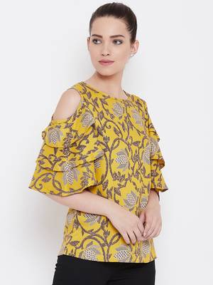 Women Mustard Color Floral Printed Cold Shoulder Sleeve Rayon Top 4