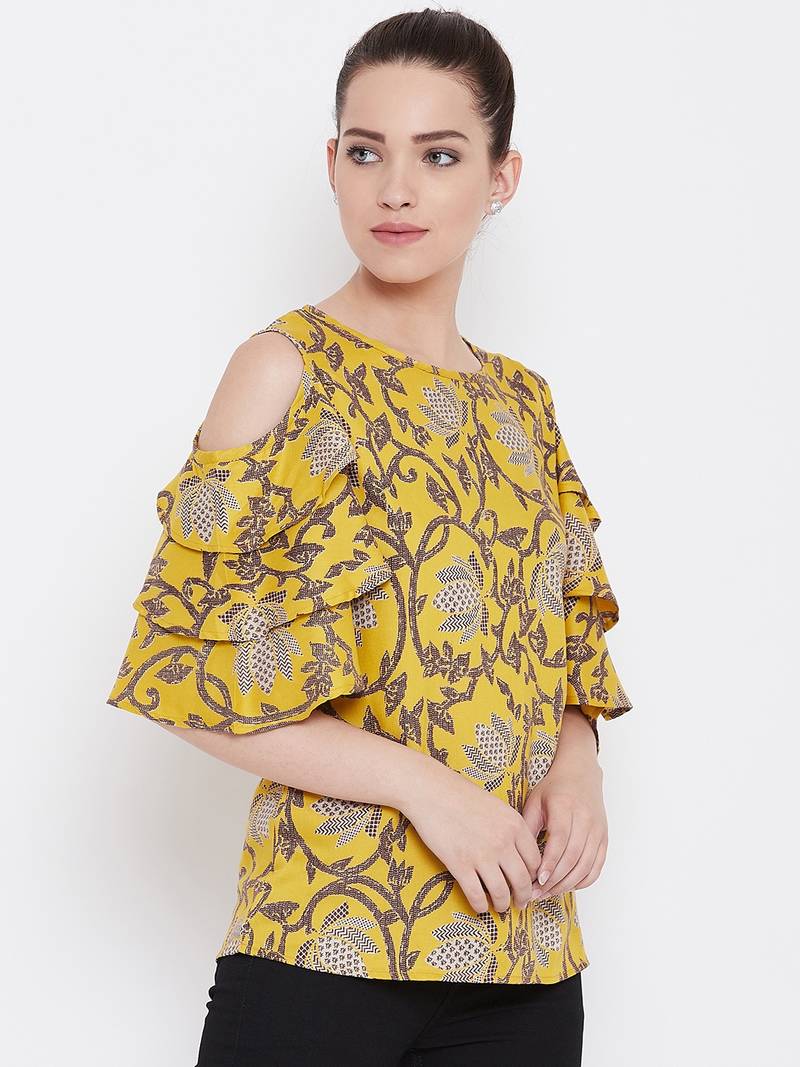 Women Mustard Color Floral Printed Cold Shoulder Sleeve Rayon Top