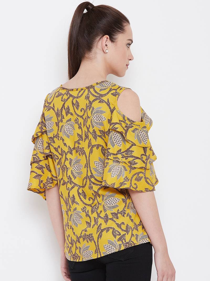 Women Mustard Color Floral Printed Cold Shoulder Sleeve Rayon Top