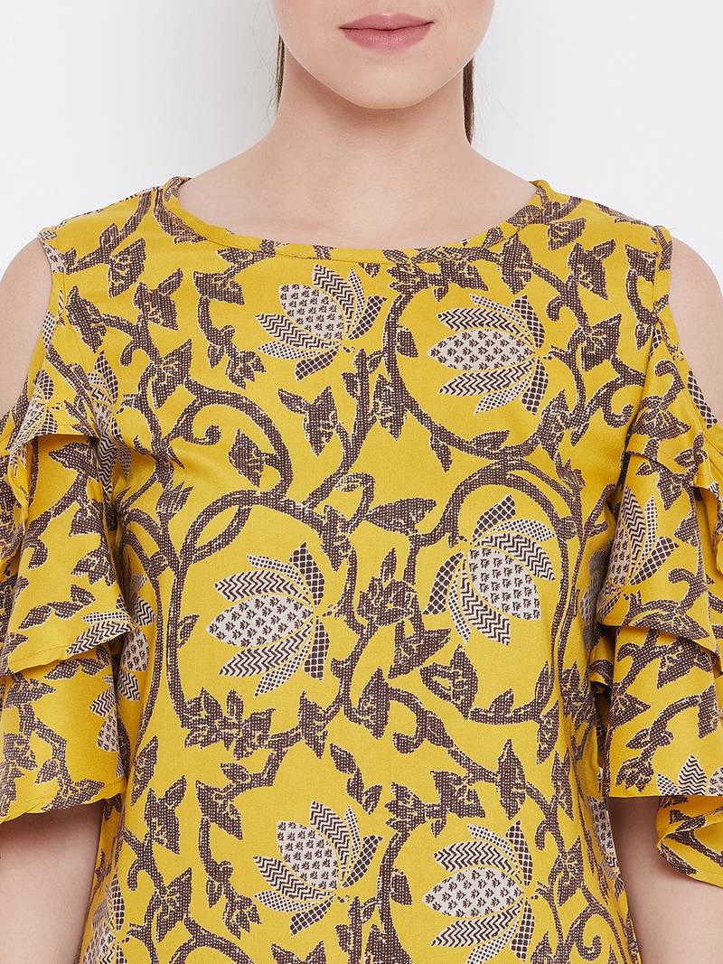 Women Mustard Color Floral Printed Cold Shoulder Sleeve Rayon Top