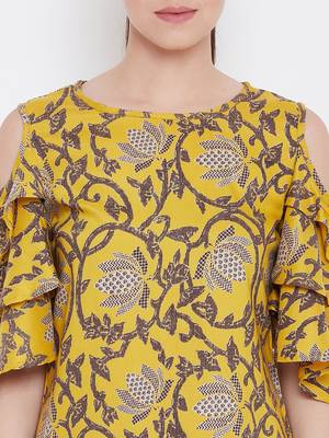 Women Mustard Color Floral Printed Cold Shoulder Sleeve Rayon Top 7