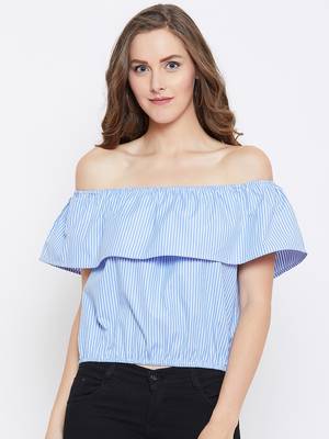 Women Blue Color Stripe Printed off Shoulder Neck Cotton Top 1