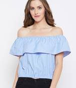 Women Blue Color Stripe Printed off Shoulder Neck Cotton Top