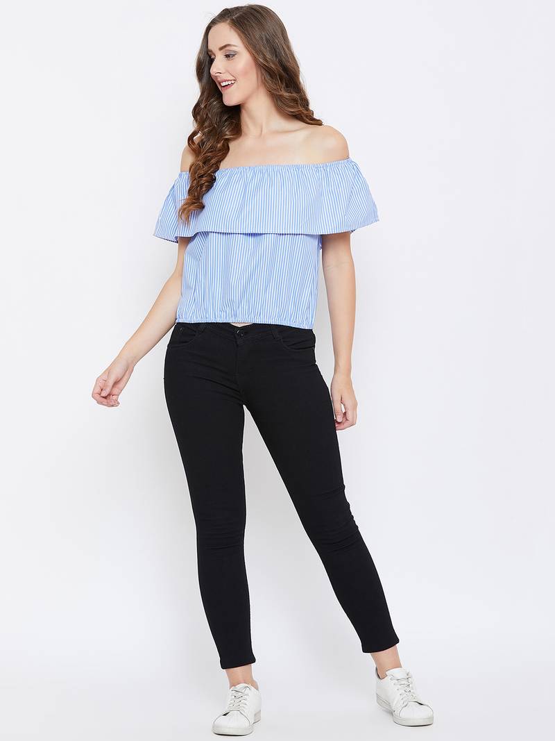 Women Blue Color Stripe Printed off Shoulder Neck Cotton Top