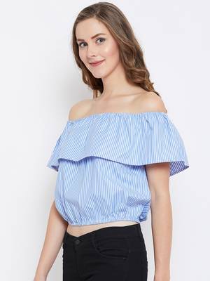 Women Blue Color Stripe Printed off Shoulder Neck Cotton Top 3