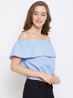 Women Blue Color Stripe Printed off Shoulder Neck Cotton Top 4