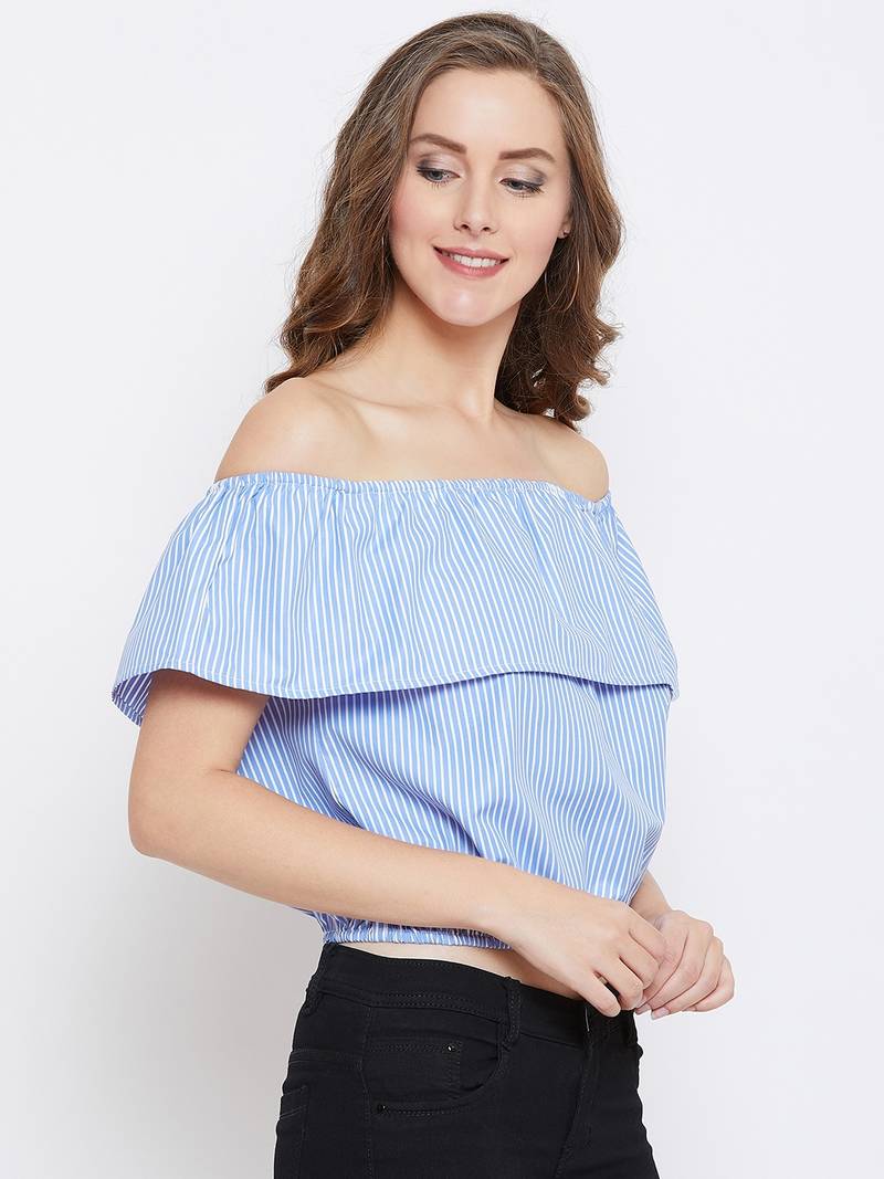 Women Blue Color Stripe Printed off Shoulder Neck Cotton Top