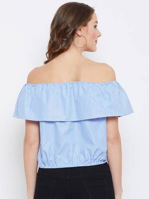 Women Blue Color Stripe Printed off Shoulder Neck Cotton Top 5
