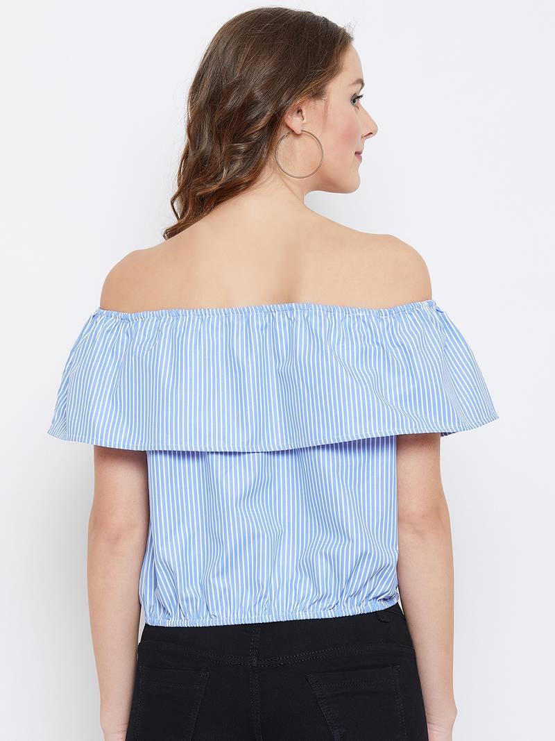 Women Blue Color Stripe Printed off Shoulder Neck Cotton Top