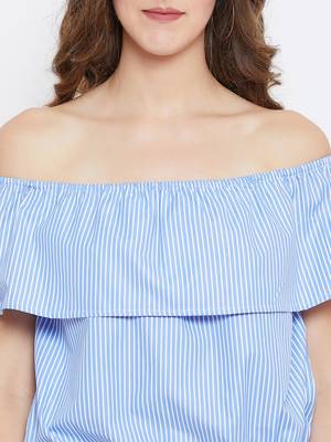 Women Blue Color Stripe Printed off Shoulder Neck Cotton Top 6