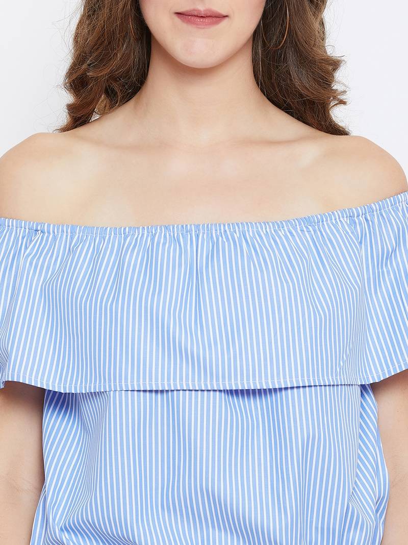 Women Blue Color Stripe Printed off Shoulder Neck Cotton Top