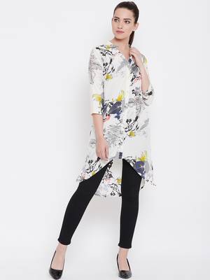 Women White and Multicolor Floral Printed High low Tunic 1