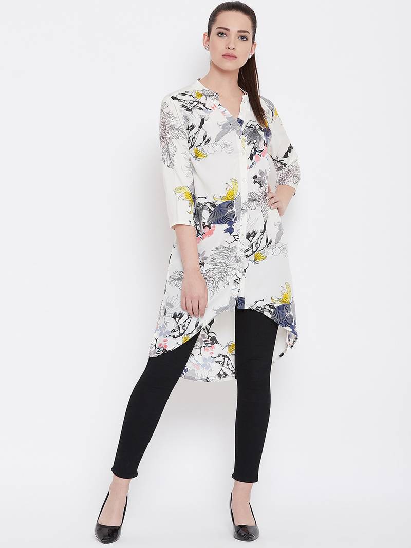 Women White and Multicolor Floral Printed High low Tunic