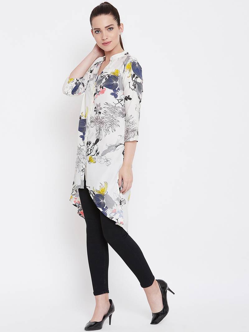 Women White and Multicolor Floral Printed High low Tunic