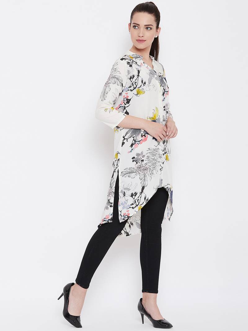 Women White and Multicolor Floral Printed High low Tunic