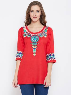 Women Red Color Embroidered Rayon Tunic 1