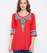 Women Red Color Embroidered Rayon Tunic