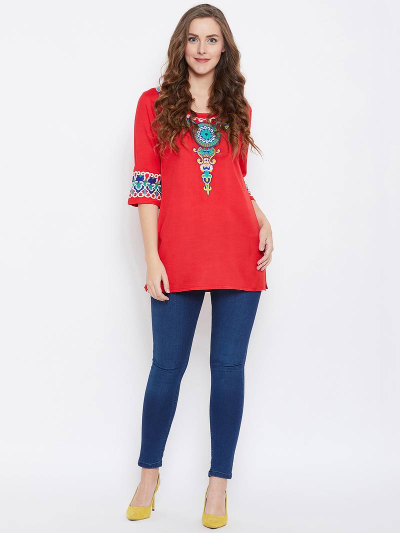 Women Red Color Embroidered Rayon Tunic