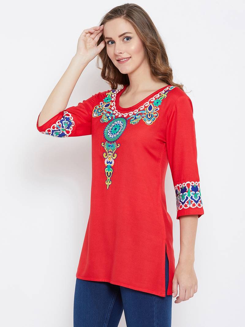Women Red Color Embroidered Rayon Tunic