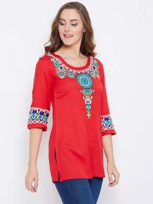 Women Red Color Embroidered Rayon Tunic 4