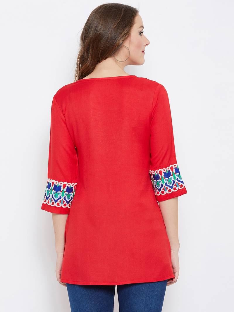 Women Red Color Embroidered Rayon Tunic
