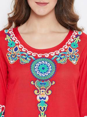 Women Red Color Embroidered Rayon Tunic 7