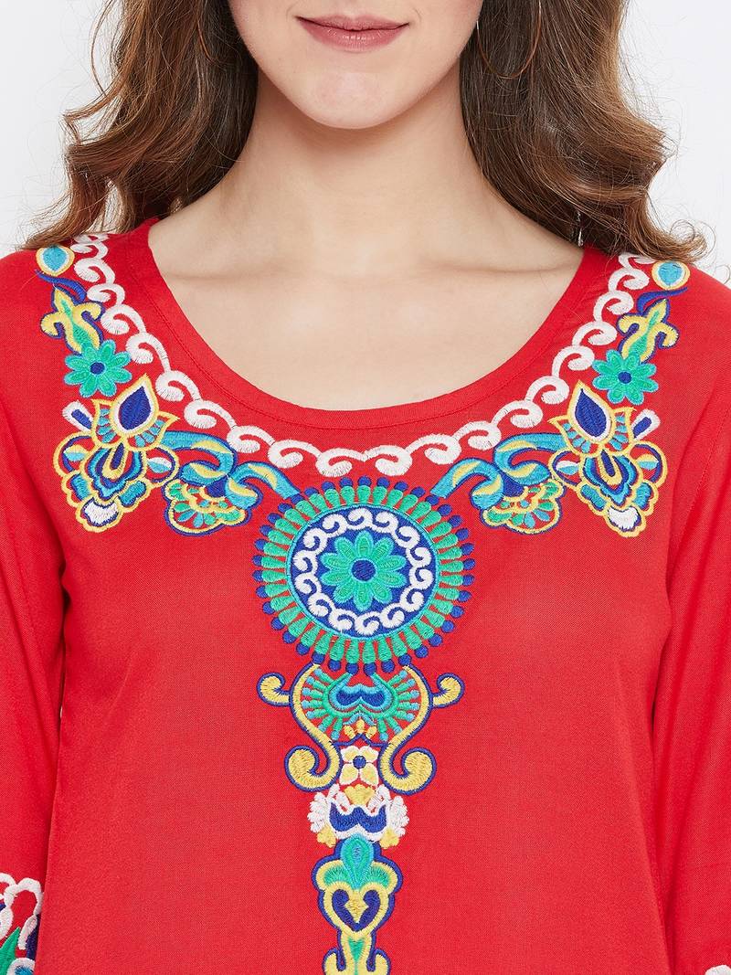 Women Red Color Embroidered Rayon Tunic