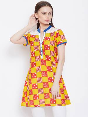 Women Mustard & Red Color Checkered Printed Cotton Tunic 1