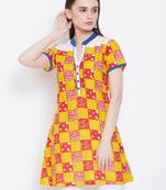 Women Mustard & Red Color Checkered Printed Cotton Tunic