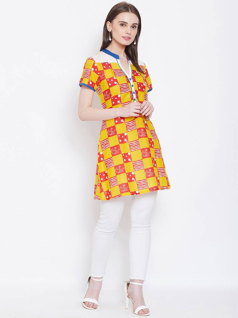 Women Mustard & Red Color Checkered Printed Cotton Tunic