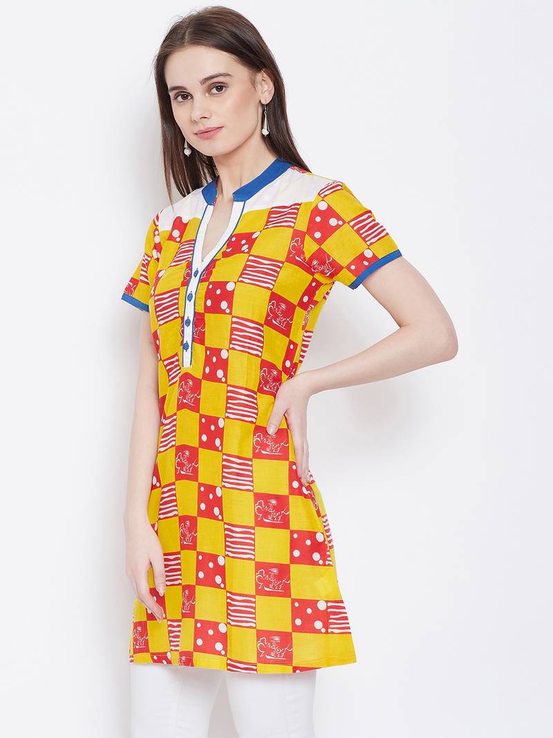 Women Mustard & Red Color Checkered Printed Cotton Tunic