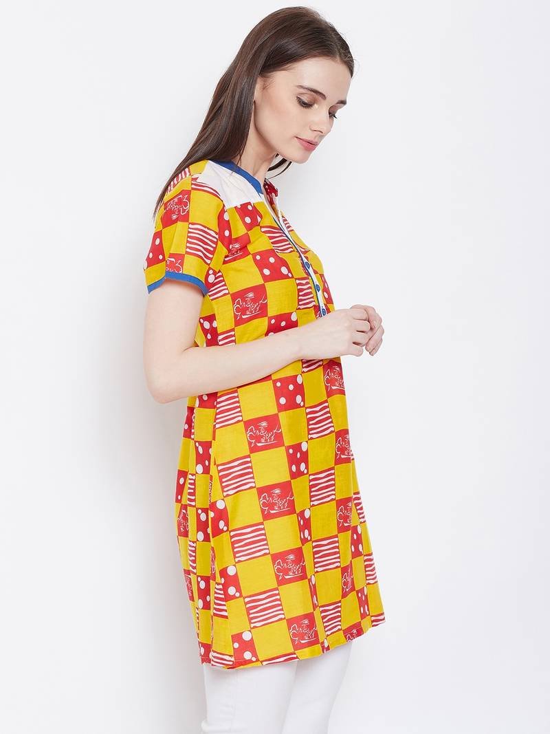 Women Mustard & Red Color Checkered Printed Cotton Tunic