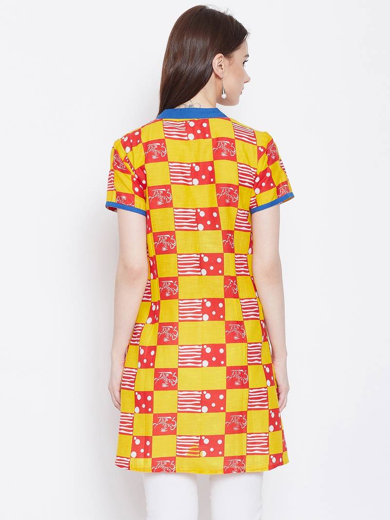 Women Mustard & Red Color Checkered Printed Cotton Tunic