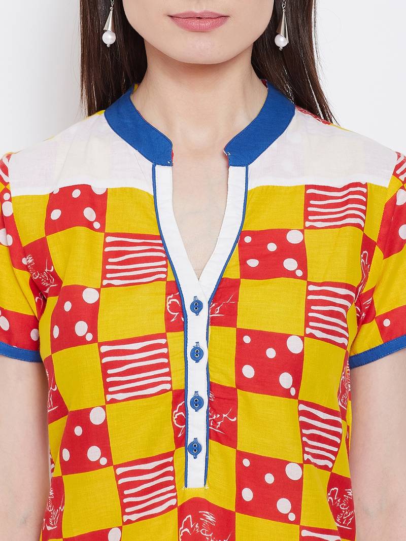 Women Mustard & Red Color Checkered Printed Cotton Tunic