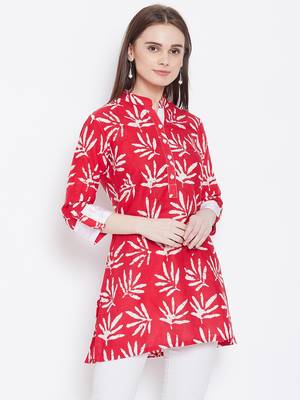Women Red Color Floral Printed Cotton Tunic 1