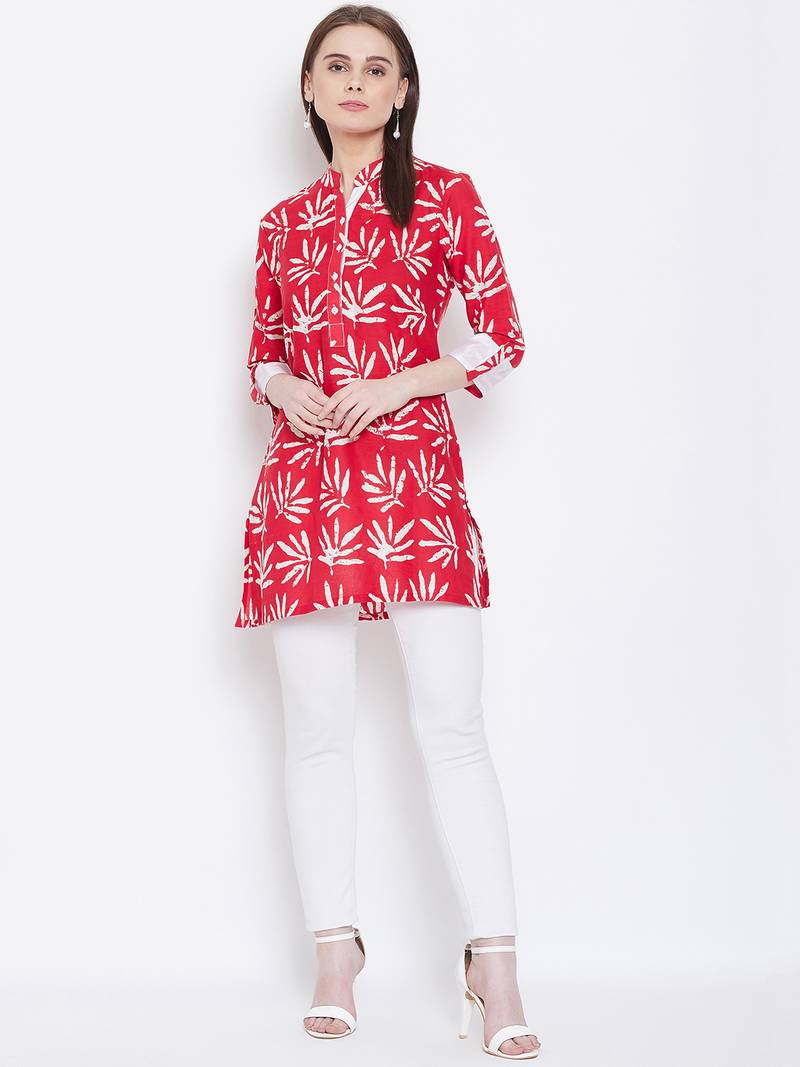 Women Red Color Floral Printed Cotton Tunic